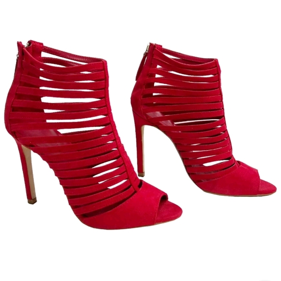 Zara‎ Bright Red Faux Suede Strappy Caged Open Toe 4” Stiletto Heels Size 36 - Picture 1 of 13